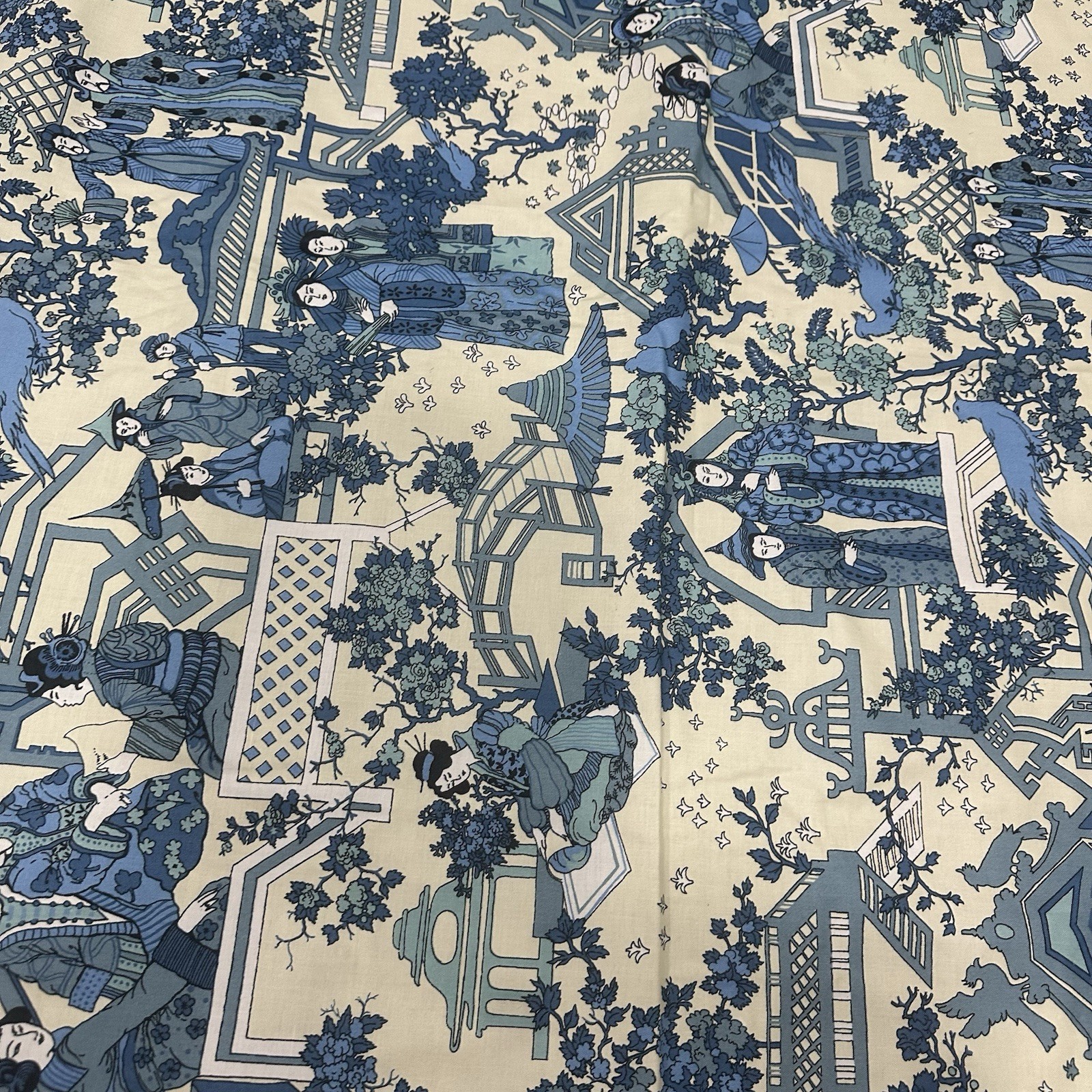 VINTAGE BLOOMCRAFT Rare Design Chinoiserie Upholstery Fabric Blue Ivory 9.3 Yds