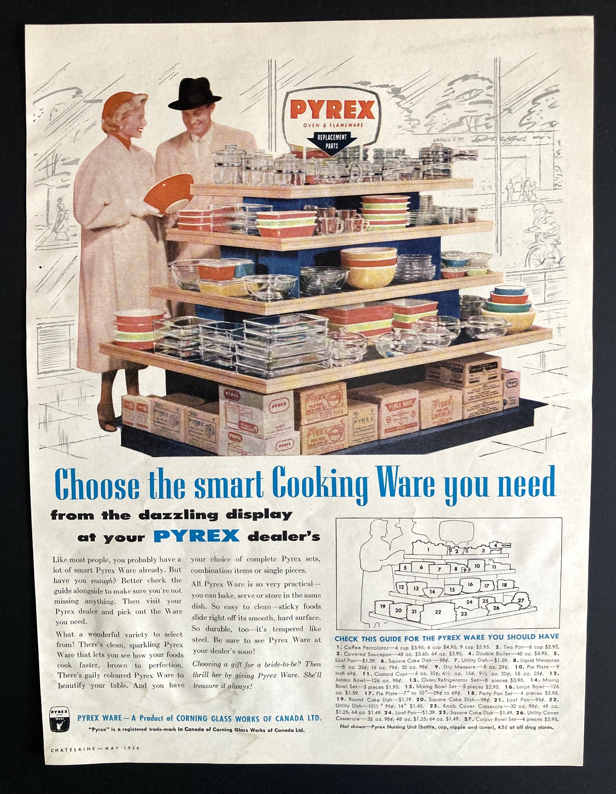 VERY RARE 1956 CANADIAN AD CANADA PYREX STORE DISPLAY BOWLS OVENWARE MORE