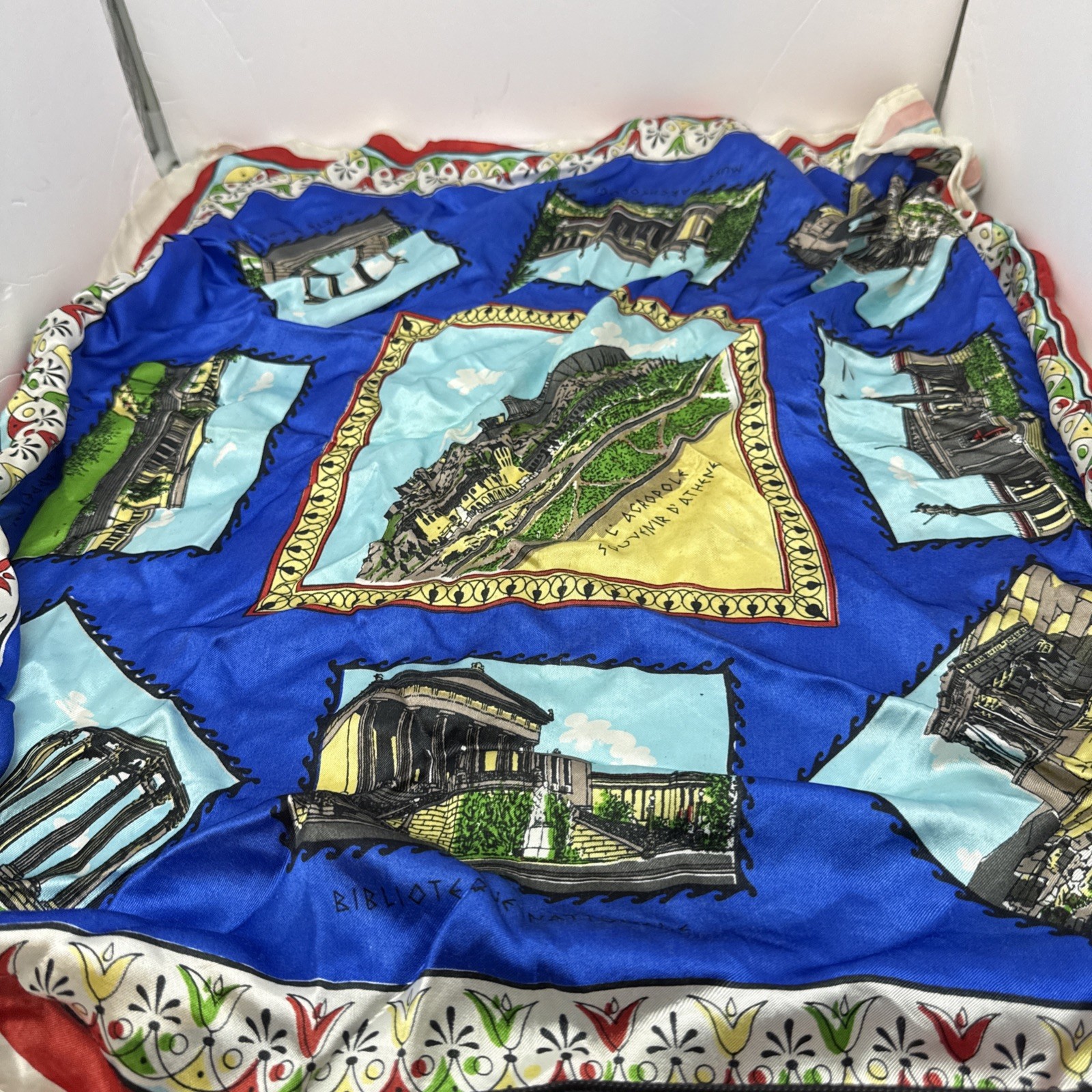 Vintage Athens Greece Acropolis Souvenir Scarf 28x28 Blue Travel Polyester