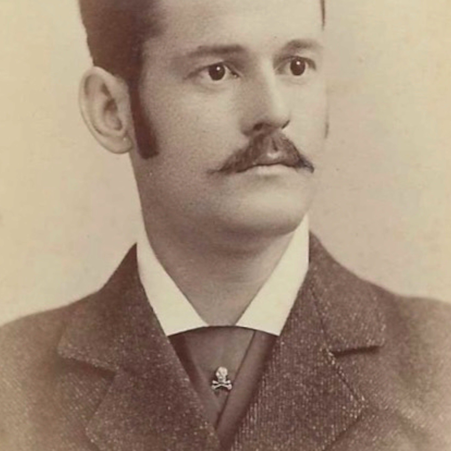 Antique CDV Photo Man Memento Mori Skull Crossbones Tie Pin Mustache