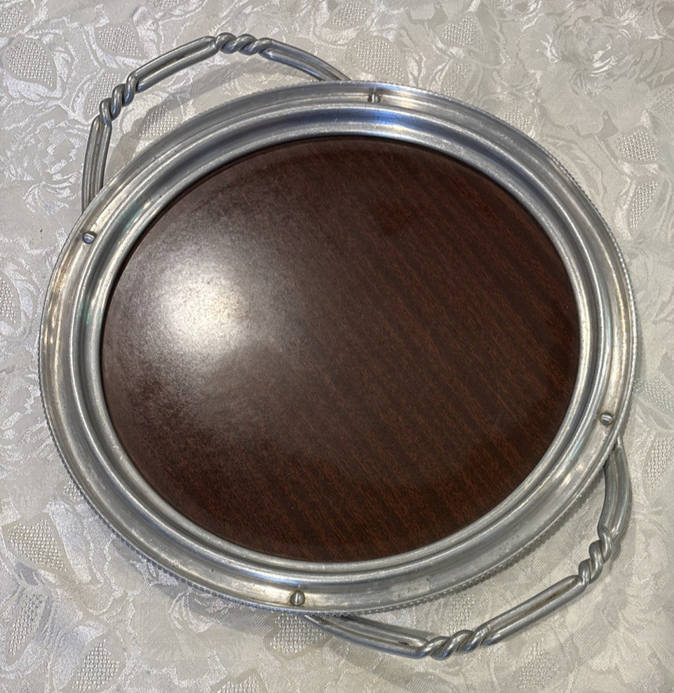 Vtg 1970s Sheffield Silver Aluminum Faux Wood Formica Bar Serving Platter 14\