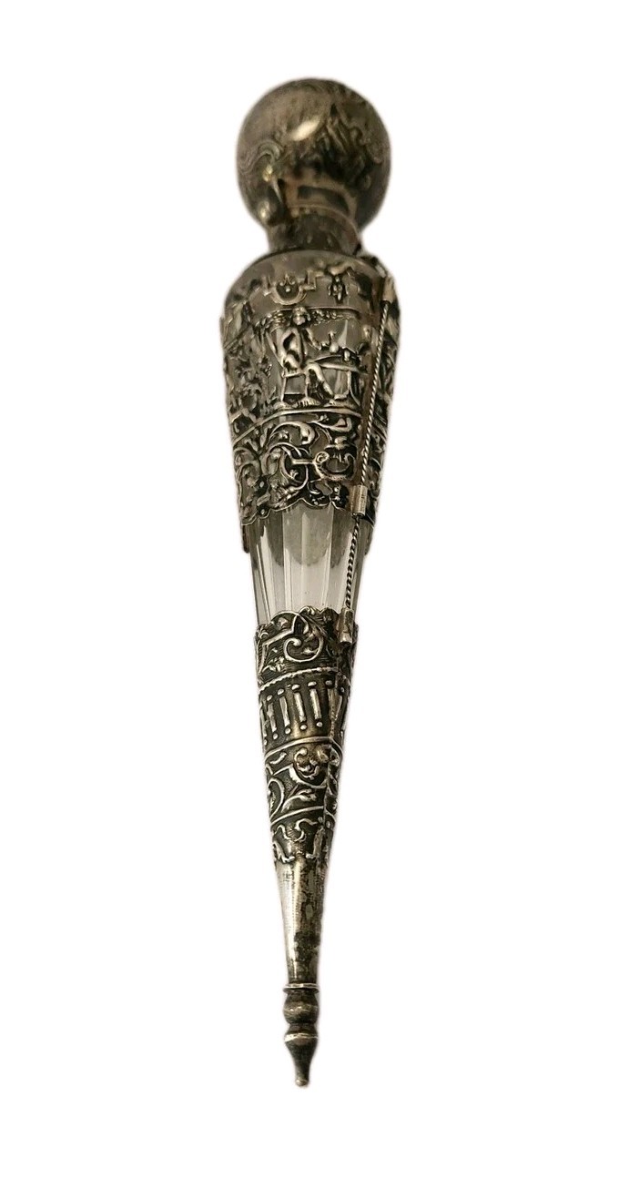 Antique Dutch Laydown Perfume Bottle / Scenic Sterling Overlay,  1890/1900