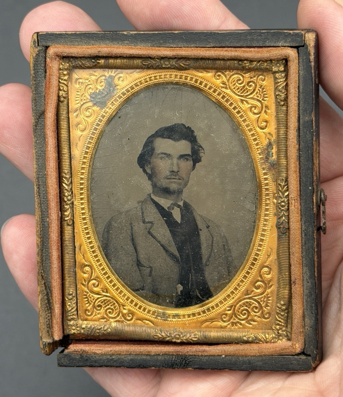 Antique 1850s Ambrotype Young Man Portrait 1/9 Plate Half Case Civil War Era