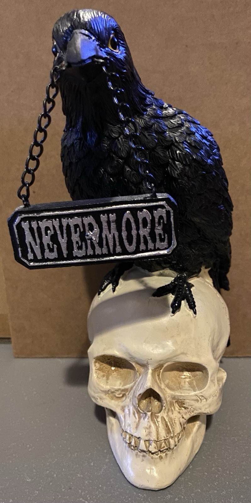 Edgar Allan Poe Raven on Skull Gothic Bird Figurine 9” Statue W Nevermore Sign