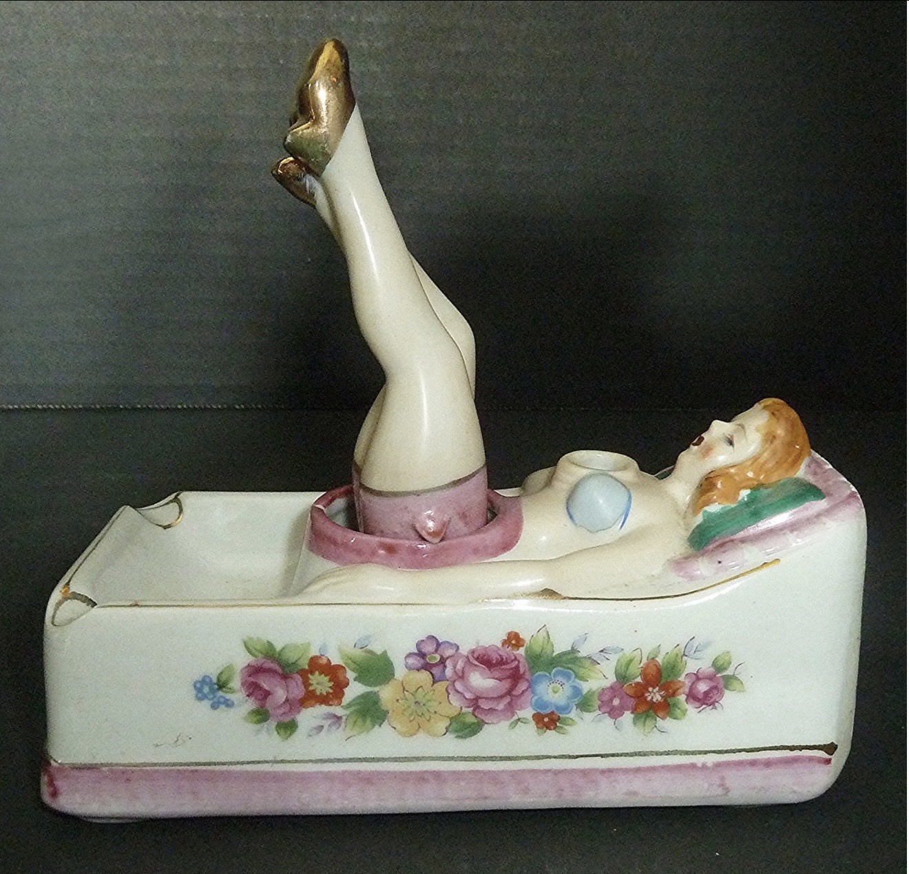 Vintage Ceramic 1940's 1950's Ashtray Pinup Naughty Nodder Moving Legs Japan Vintage Ceramic 1940's 1950's Ashtray Pinup Naughty Nodder Moving Legs Japan