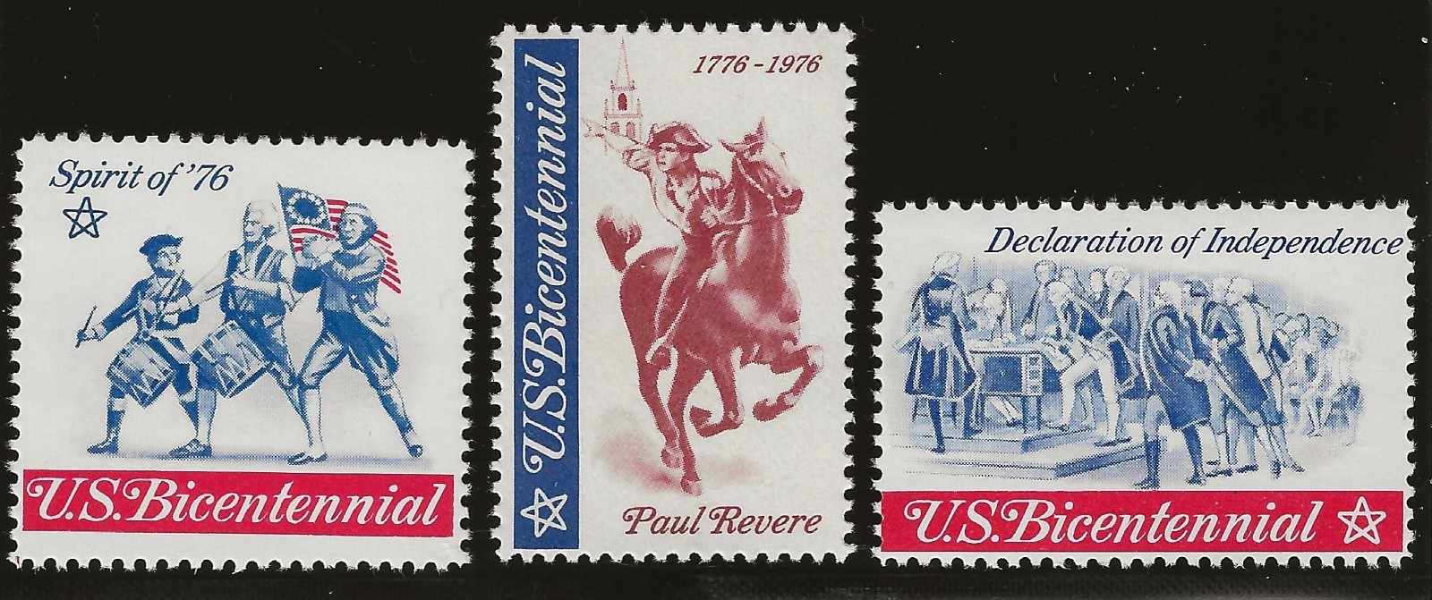 U.S. BICENTENNIAL (1976) - SET OF 3 VINTAGE POSTER STAMPS - MINT CONDITION