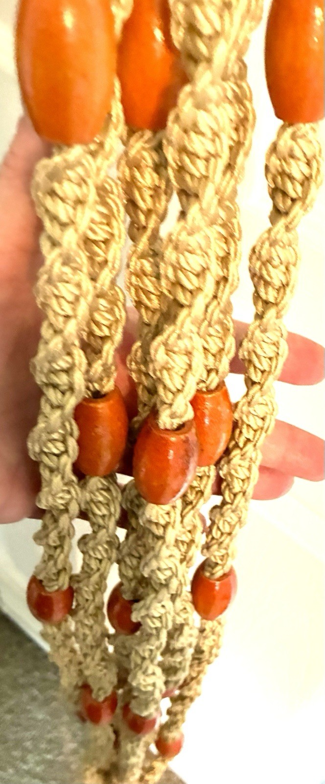 EXTRA LARGE Vtg MACRAME Hanging PLANT Hanger Orange Beads BOHO Cottage 73 ”