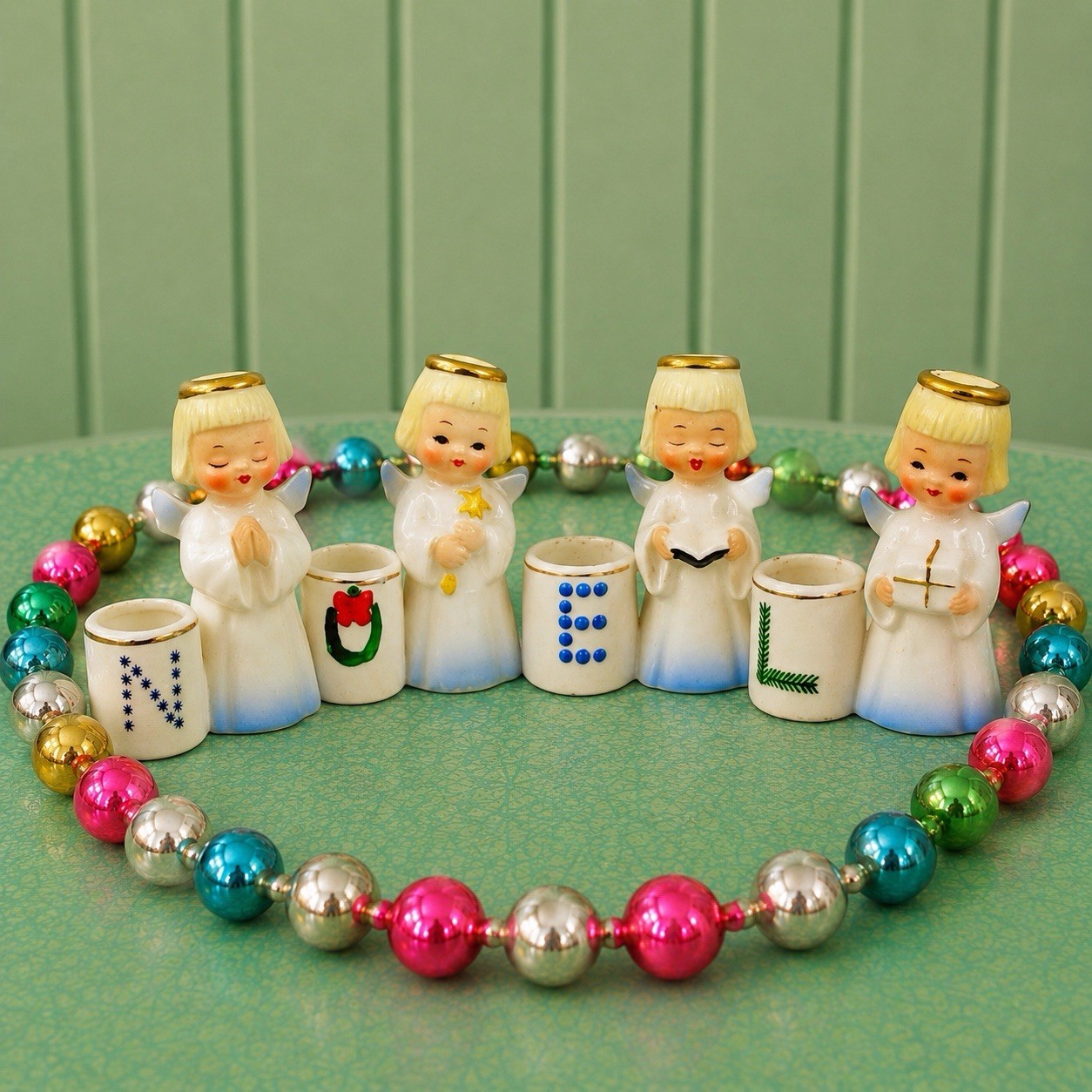Vintage Shafford NOEL Angels Candleholders Christmas Figurines Japan MCM 1950s