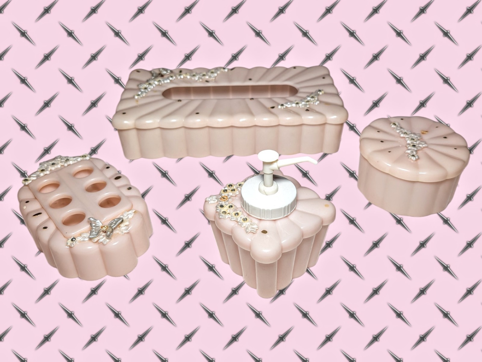 60'S MENDA Vintage Vanity Set Pink Rhinestones BUTTERFLIES Floral Powder Tissue