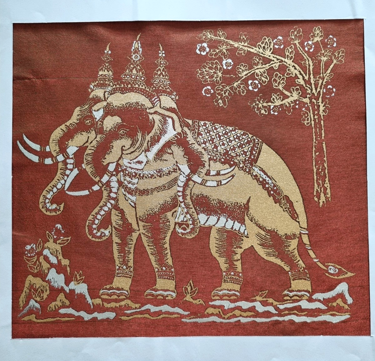 Thailand Lucky Elephant 3 Heads Dressing War Thai Art Silk Painting Vtg Red 10\