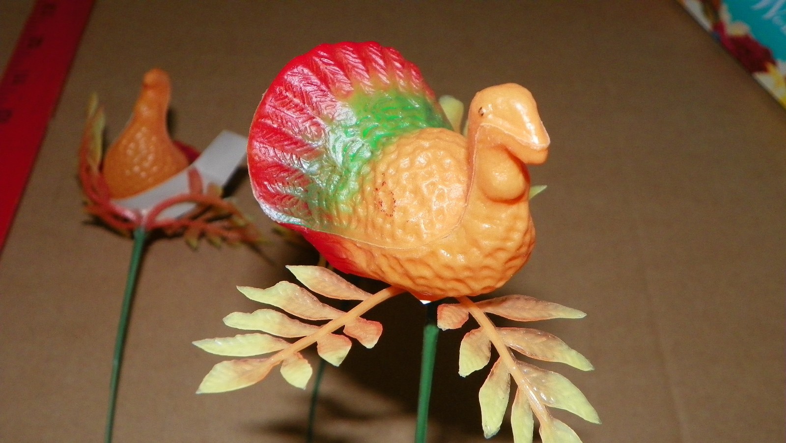 Lot of 3 Vintage Thanksgiving TURKEY Blow Mold Floral Picks Cake Topper
