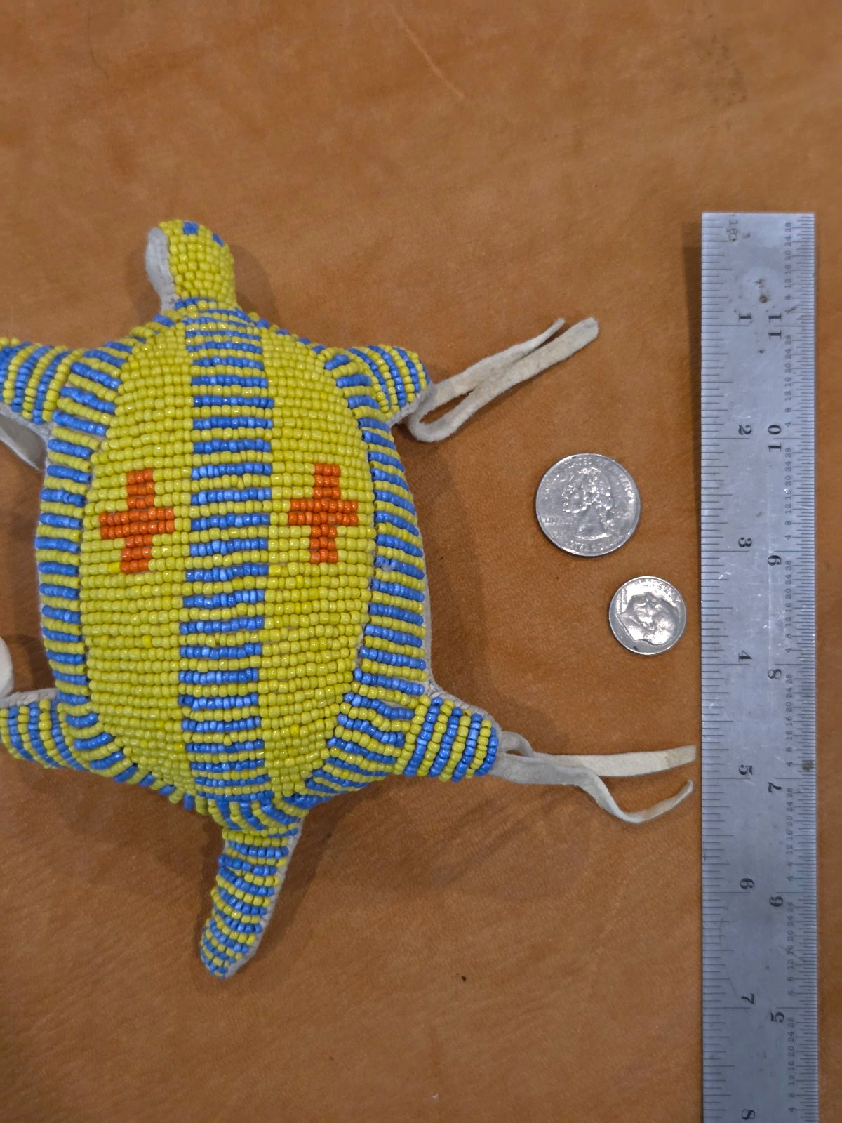 Native American Handmade Beaded Turtle Umbilical Fetish Leather Hide Yellow Blue