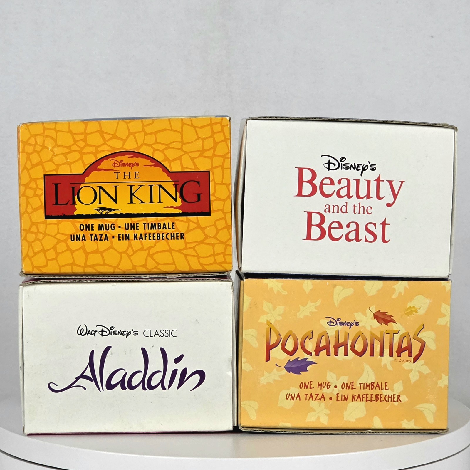 Vtg 90s Disney Pocahontas-Aladdin-The Lion King Beauty and the Beast-4 Mugs/Box