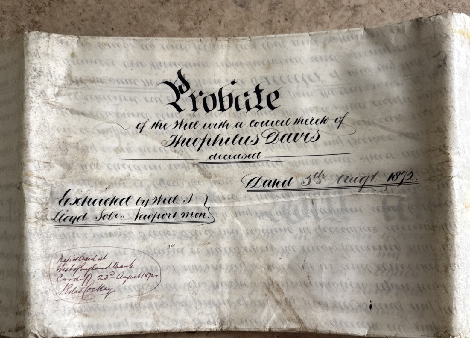 1872 Last Will and Testament Probate of Theophilus Davis Newport Mon