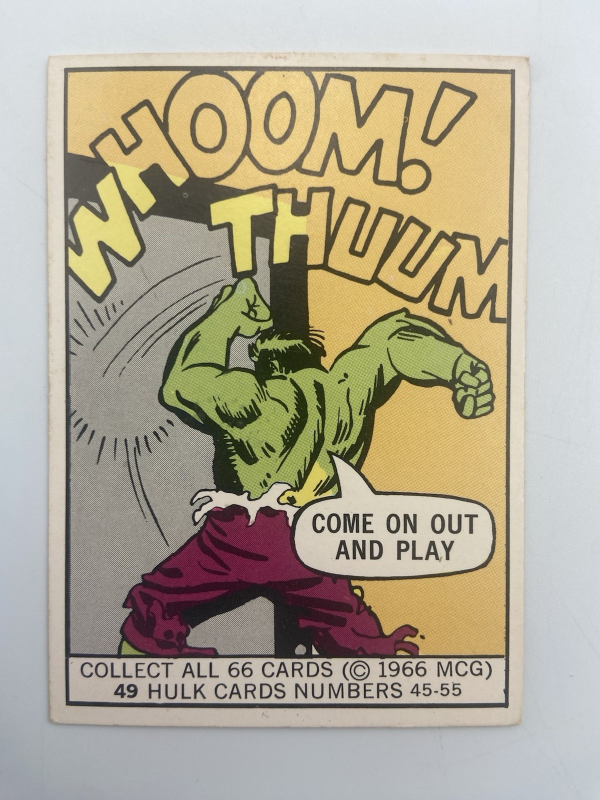 MCG 1966 Donruss Marvel Super Heroes #49 Hulk COME ON OUT AND PLAY Vintage Card