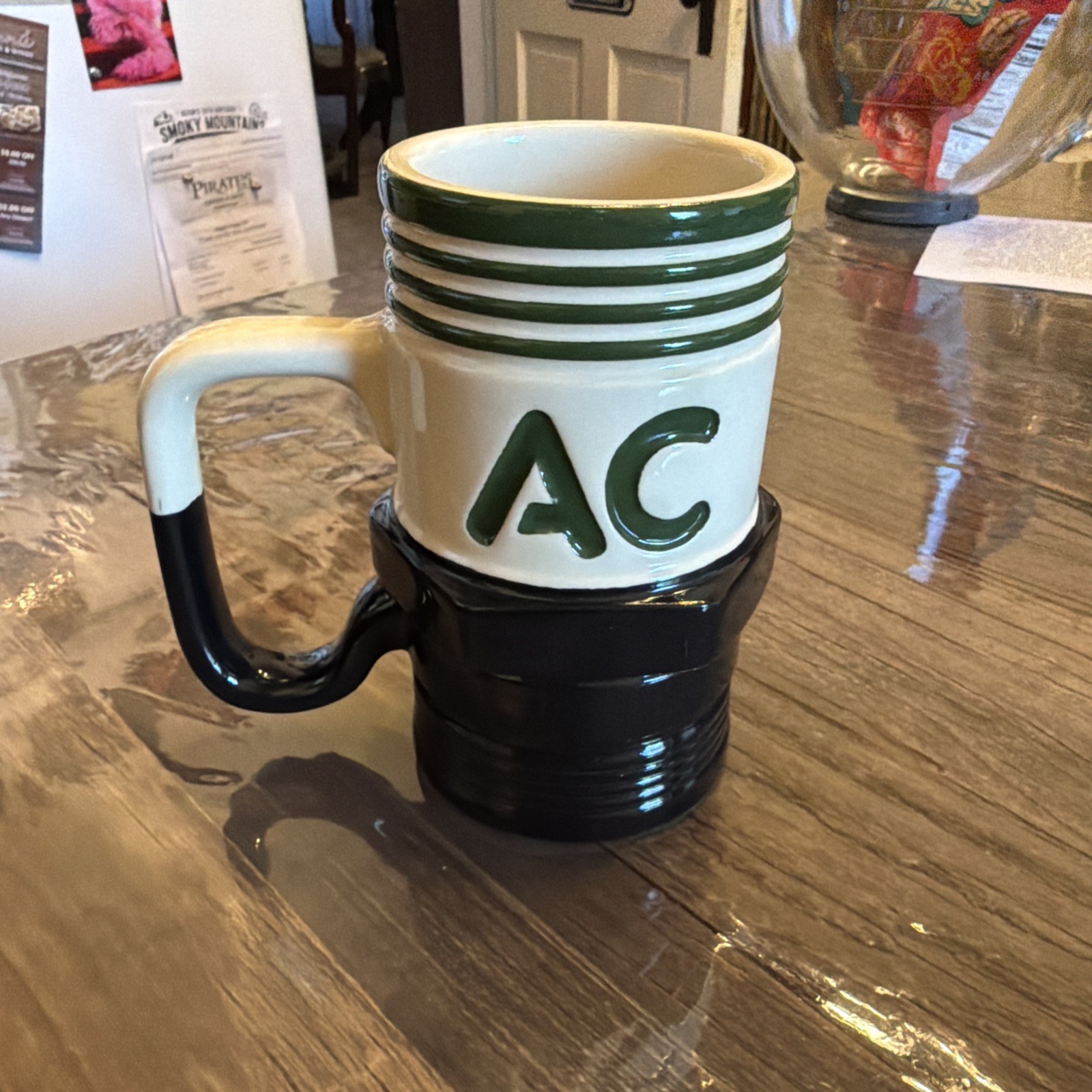 AC Delco Spark Plug Ceramic Mug 10 Oz Black And Ivory With Green Stripes AC Delco Spark Plug Ceramic Mug 10 Oz Black And Ivory With Green Stripes