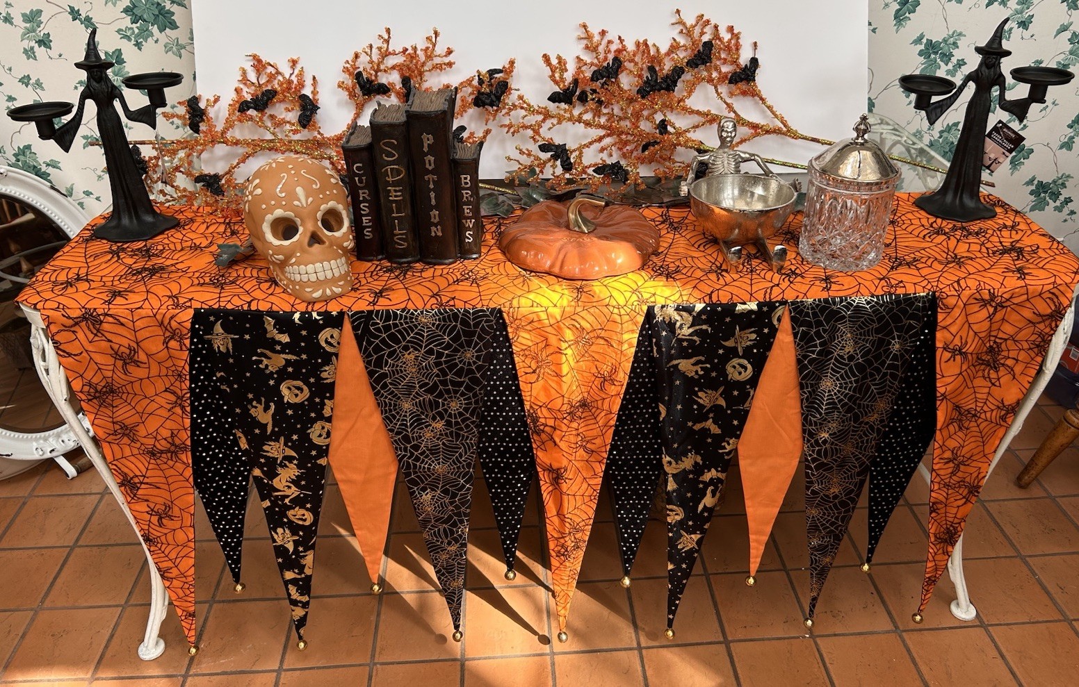Grandin Road Halloween Mantel Scarf Table Skirt Runner Decor Spider Witch Orange