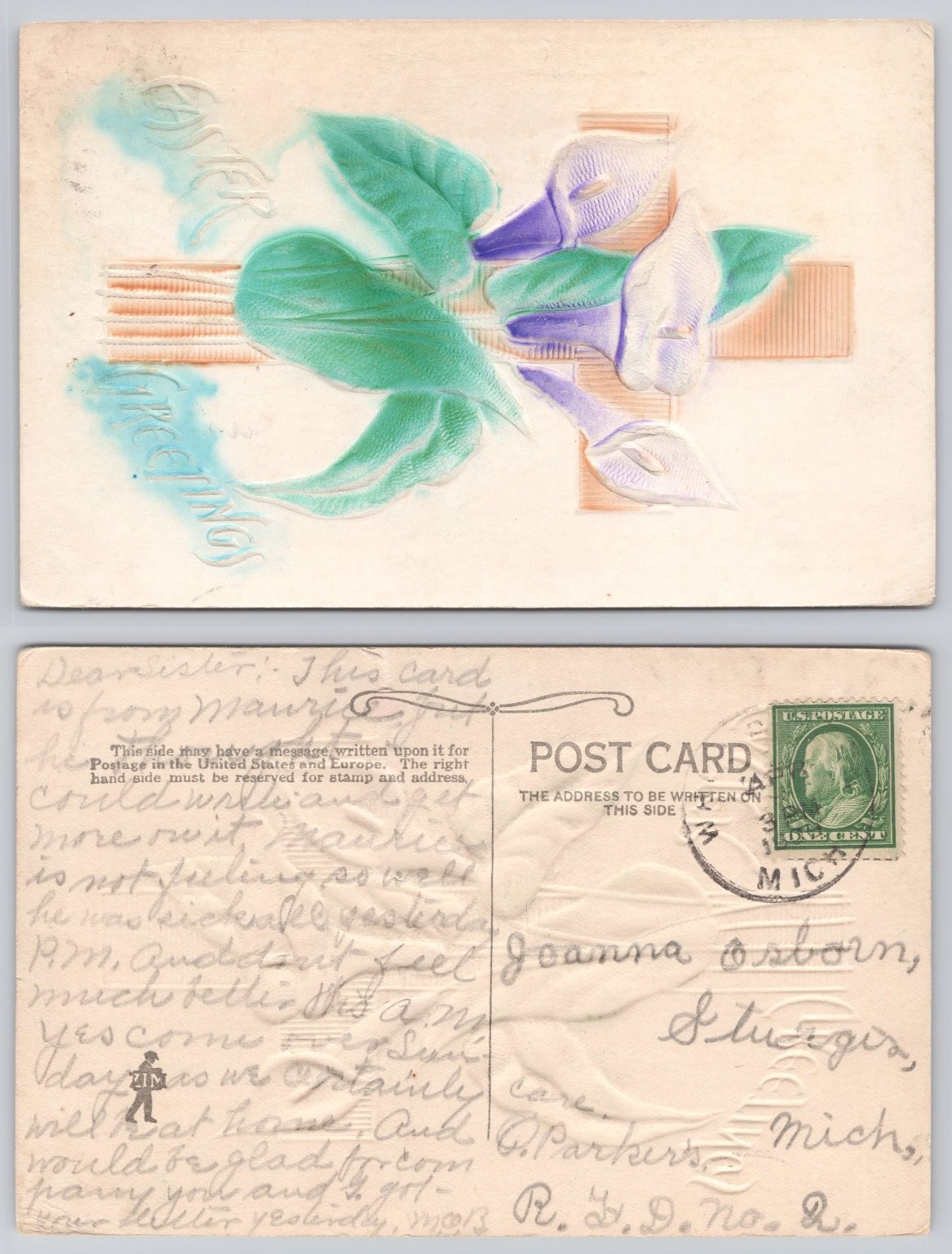 Vintage Easter Greetings Postcard Embossed Calla Lily Sturgis MI 1913 Postmark Vintage Easter Greetings Postcard Embossed Calla Lily Sturgis MI 1913 Postmark