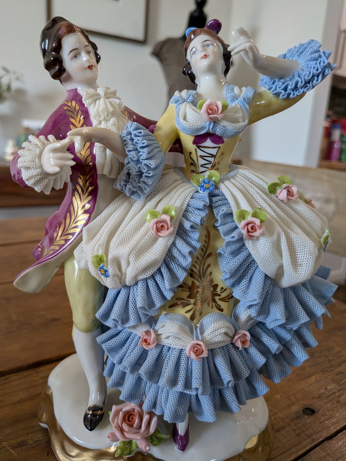 Antique German Porcelain Volkstedt Figural Dresden Lace Detail Figurine