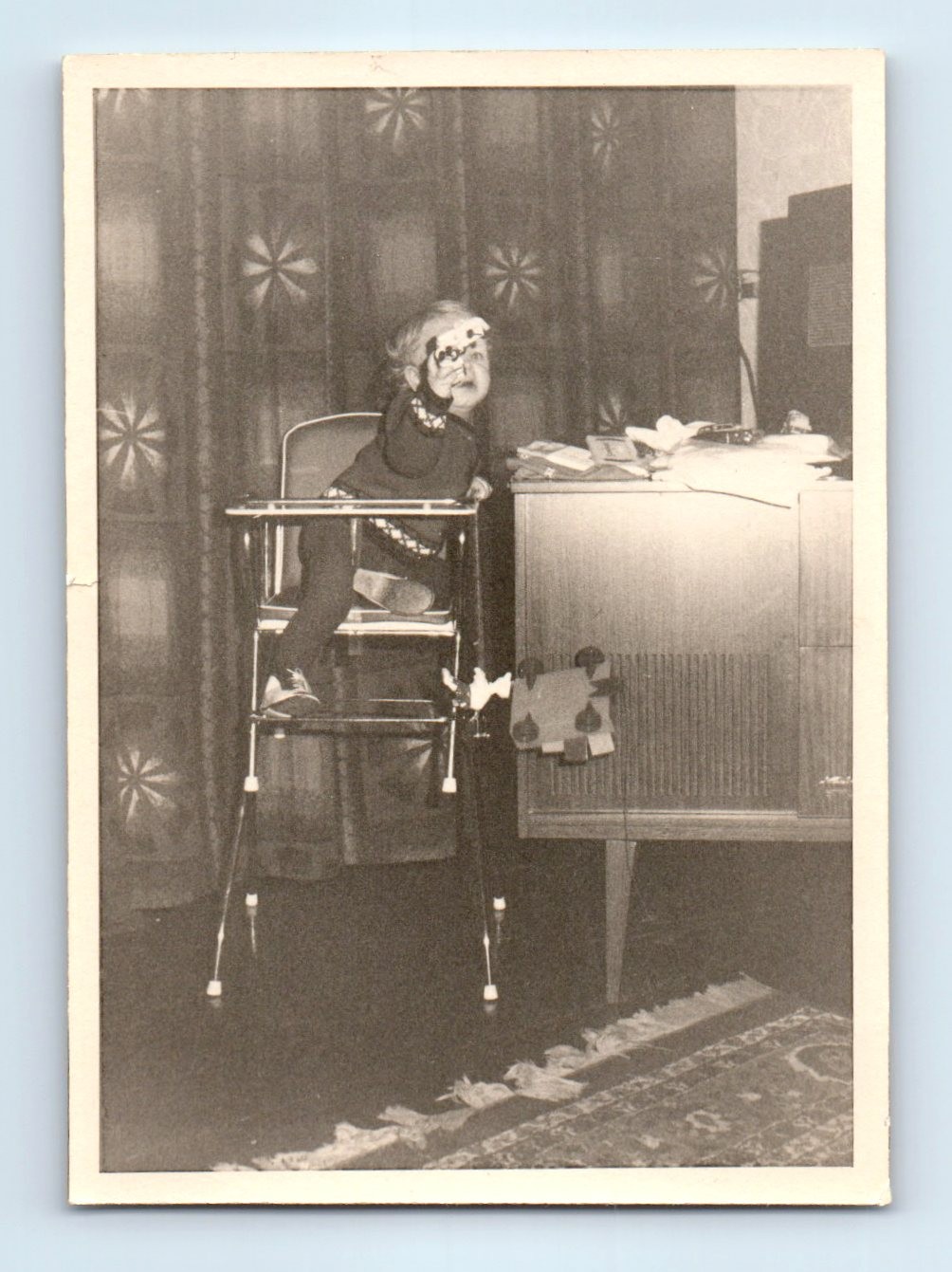 Old Vintage Photo SOLO BOY SITTING IN HIGH CHAIR PLAYING WITH TOYS SNAPSHOT