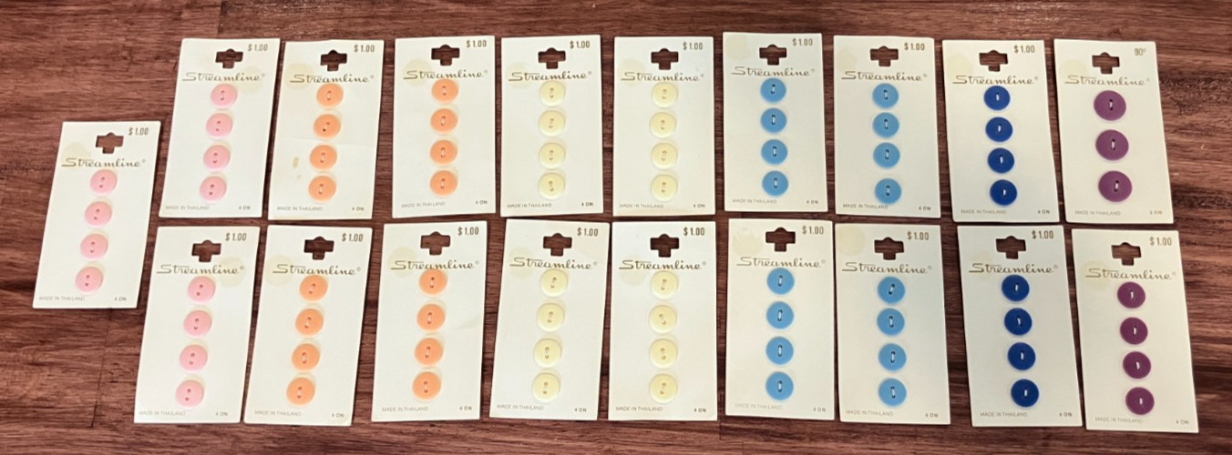 19 Card Vintage Streamline 75 Plastic Buttons 2 Hole Pastel PINK BLUE PURPLE Lot