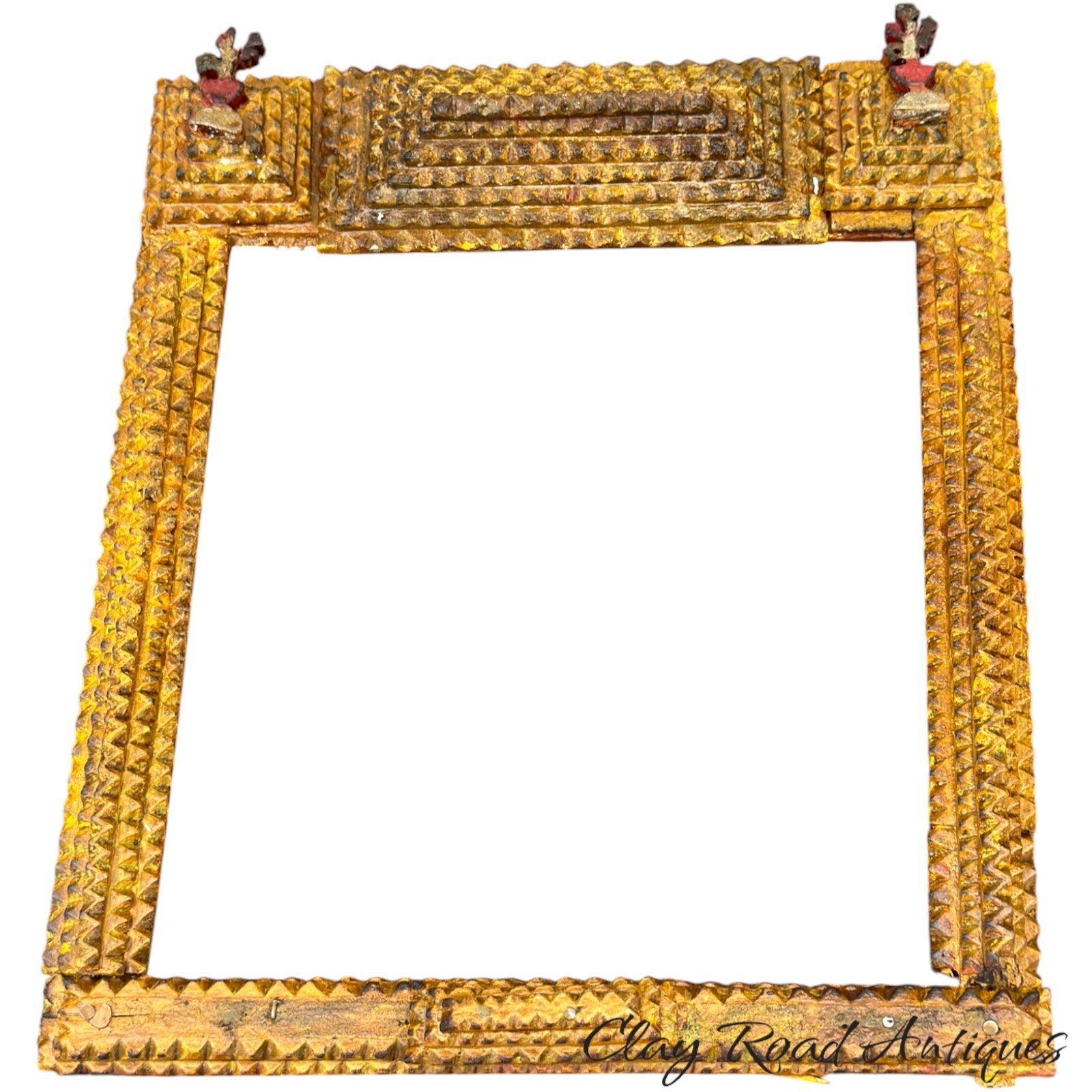 Antique tramp art chip carved yellow frame unusual primitive 1890