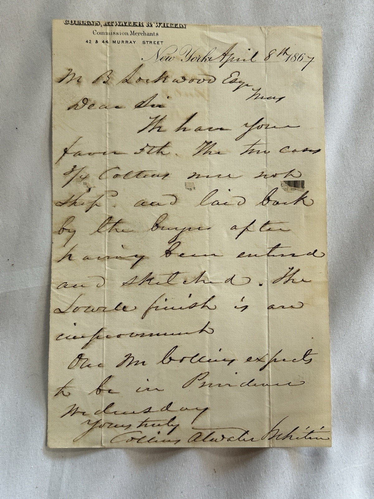 1867 Handwritten Business Letter New York Commission Merchants Cotton Trade