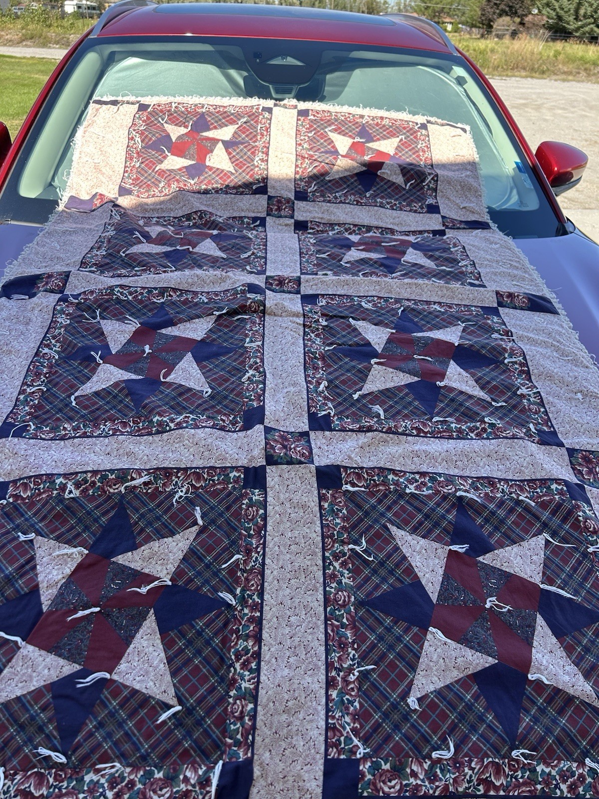 Handmade Patchwork Quilt 42x68 Pinwheel Star Floral Plaid Vintage Cottage Throw