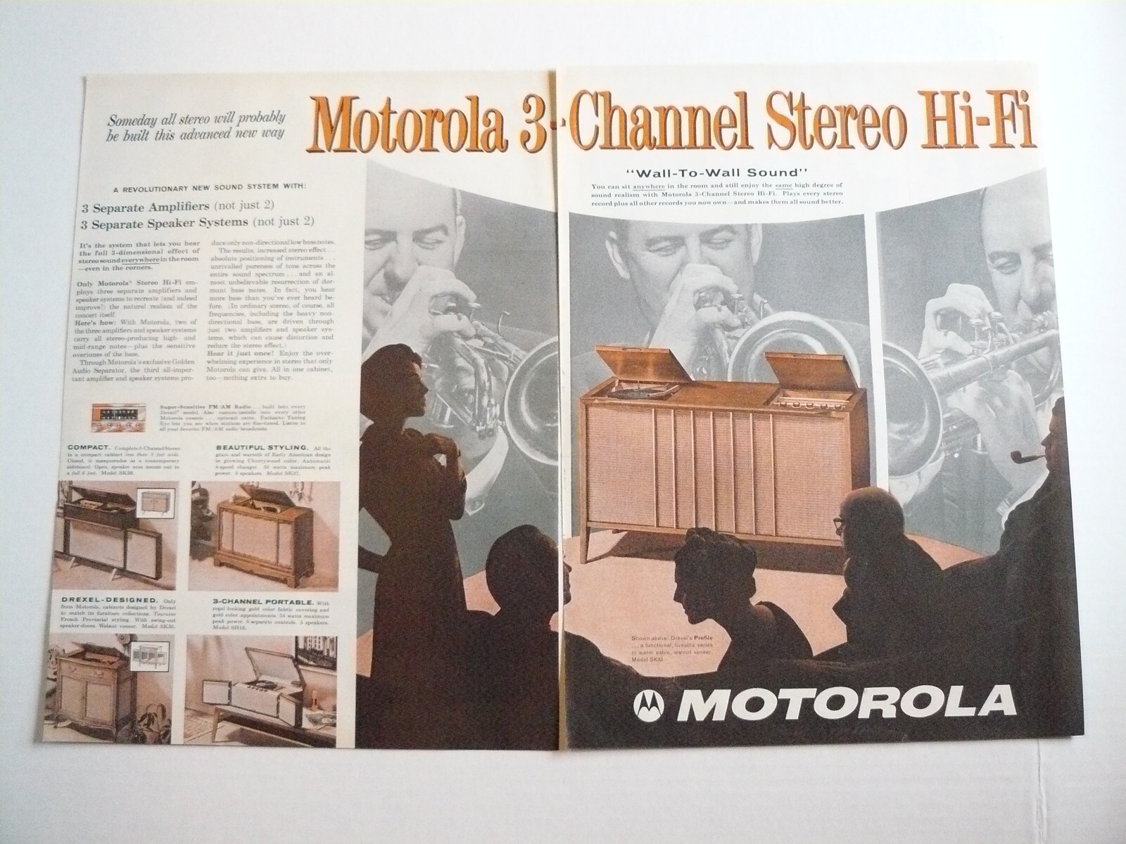 1959 Motorola 3-channel Stereo Hi-Fi Radio Phonograph Console 2-page Print Ad 2