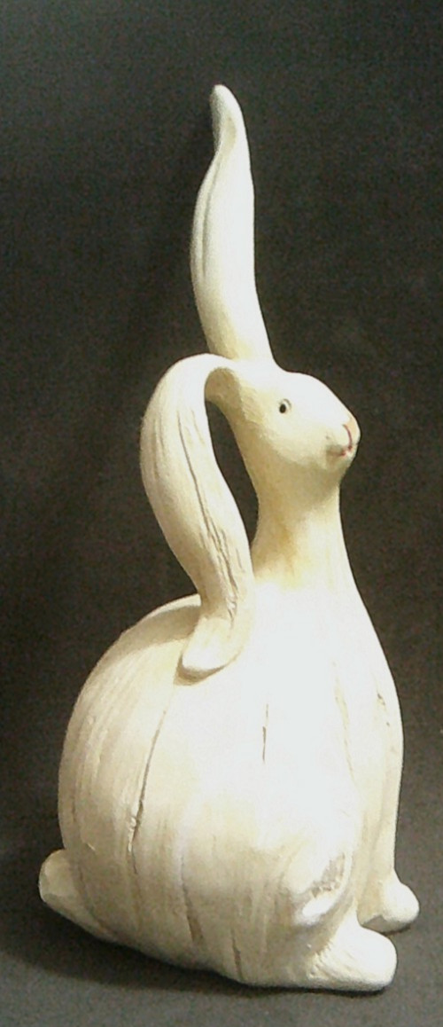 Whimsical White Resin Bunny Figurine Long Tall Ears Faux Carved Wood Look