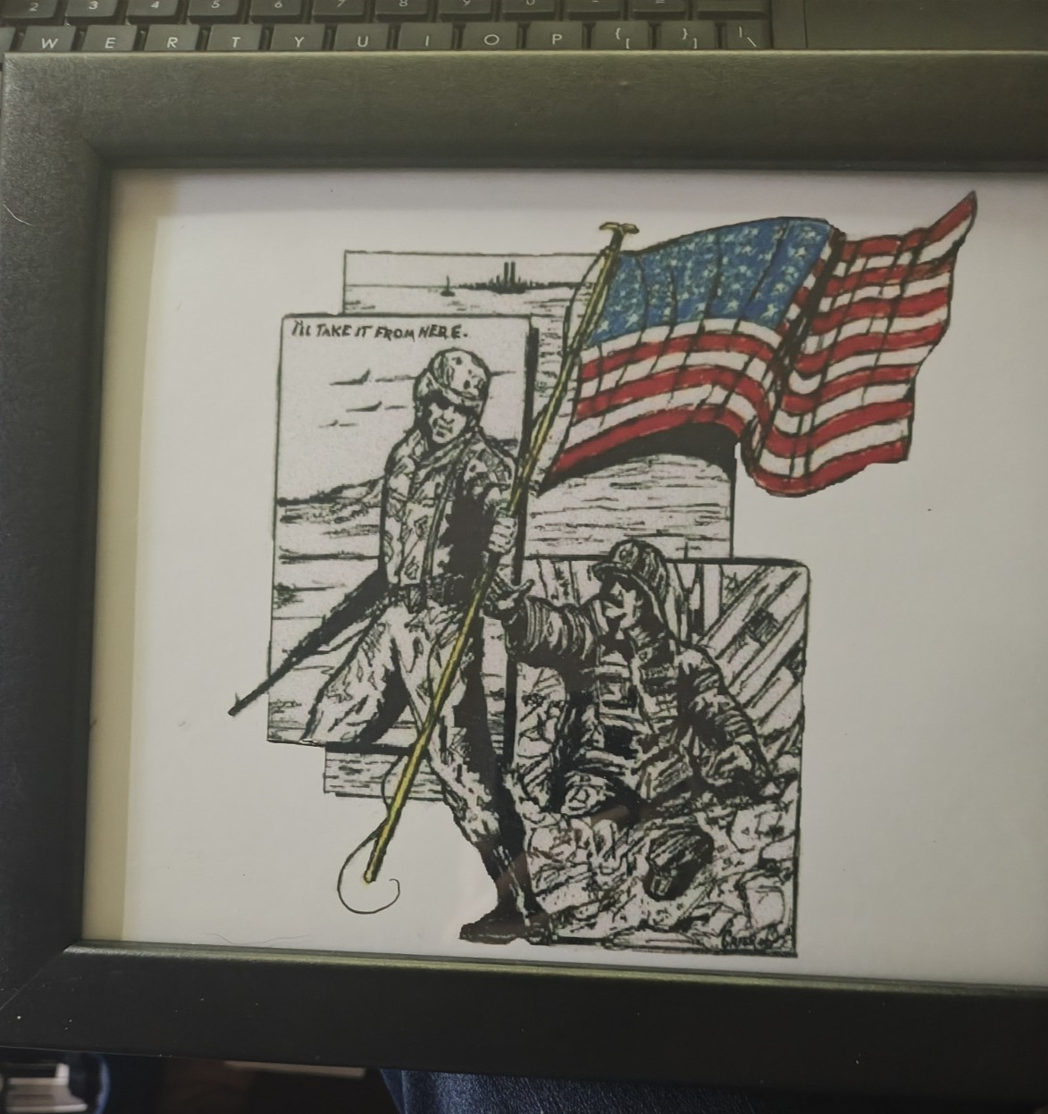 911 NEVER FORGET MILITARY SOLDIER and  FIRE FIGHTER SKETCH  FRAMED
