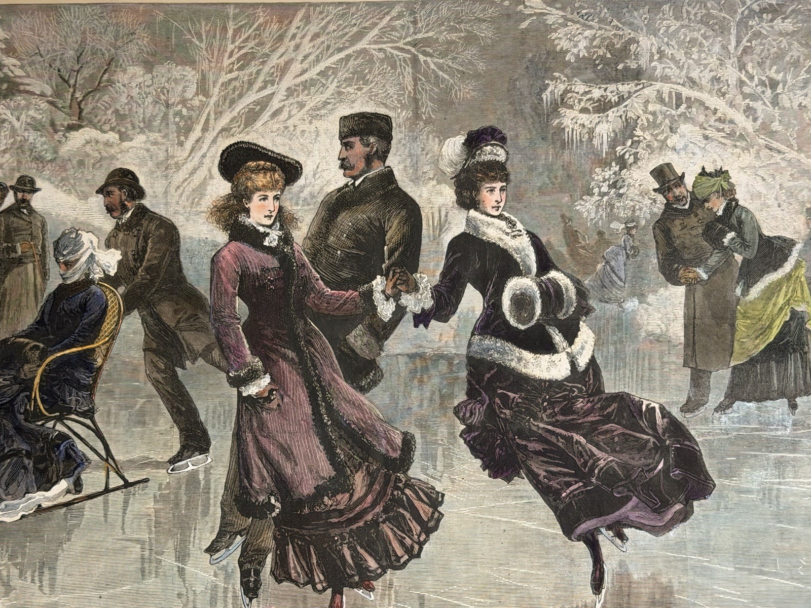 1877 SCHELL and HOGAN  SKATING IN CENTRAL PARK, HARPER’S WEEKLY HAND COLORED