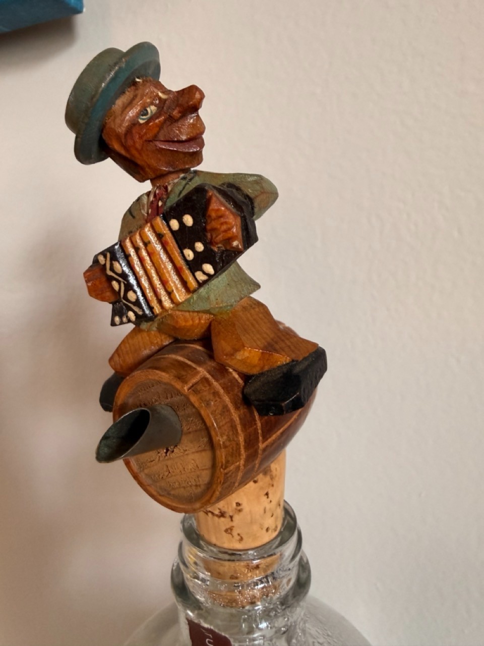 Vintage Austrian Kufstein Carved Wooden Bottle Stopper – Accordion Player