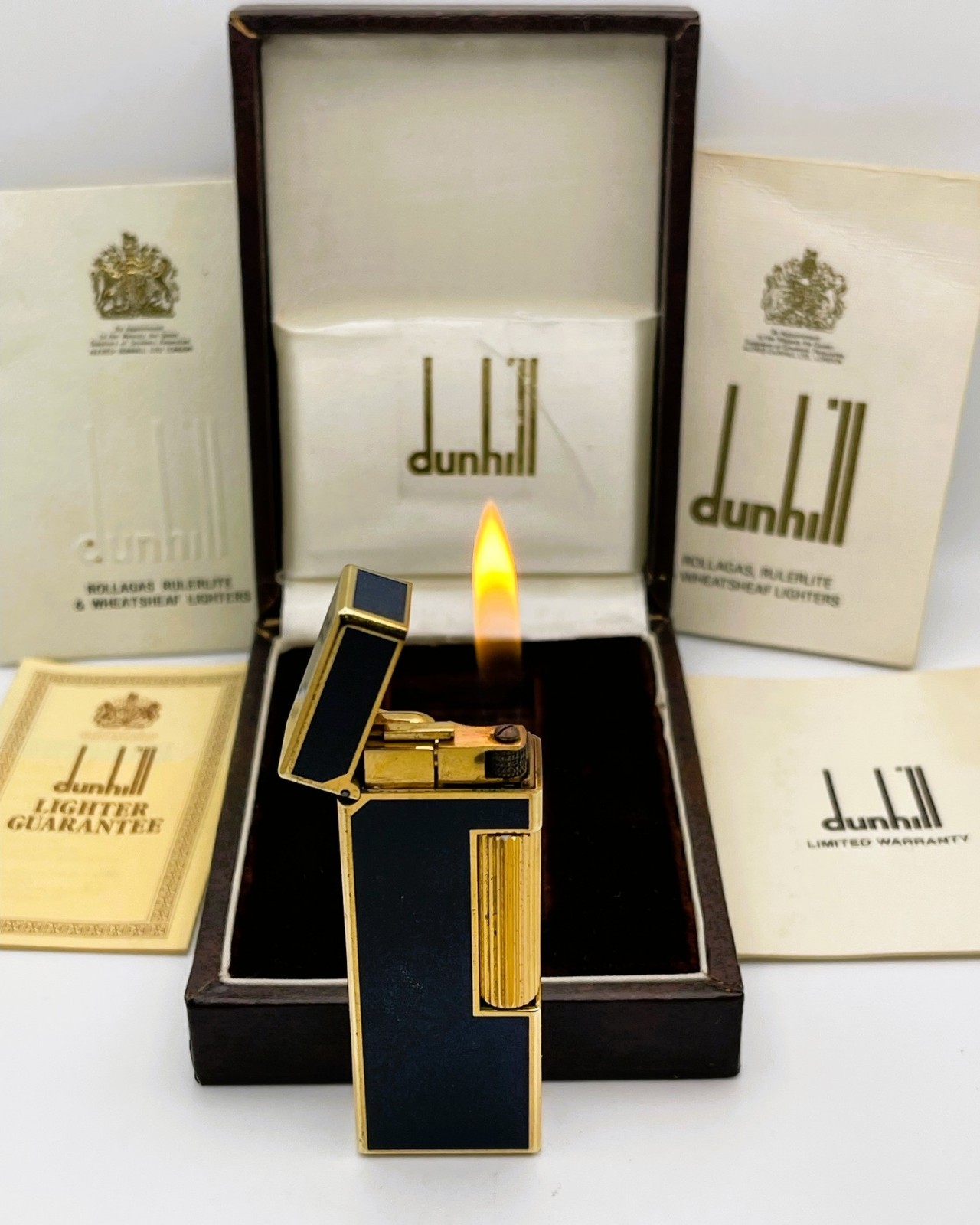 Dunhill Rollagas WORKING Vintage Lighter in RARE Blue Lapis Lazuli 1980s Box