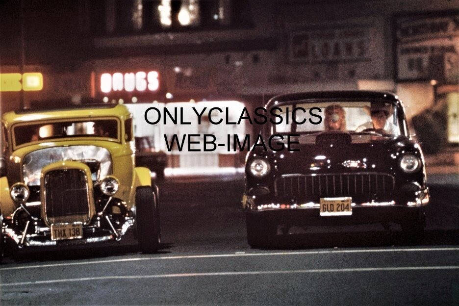 AMERICAN GRAFFITI 8X12 PHOTO HARRISON FORD 1955 CHEVY & 1932 DUECE COUPE HOT ROD