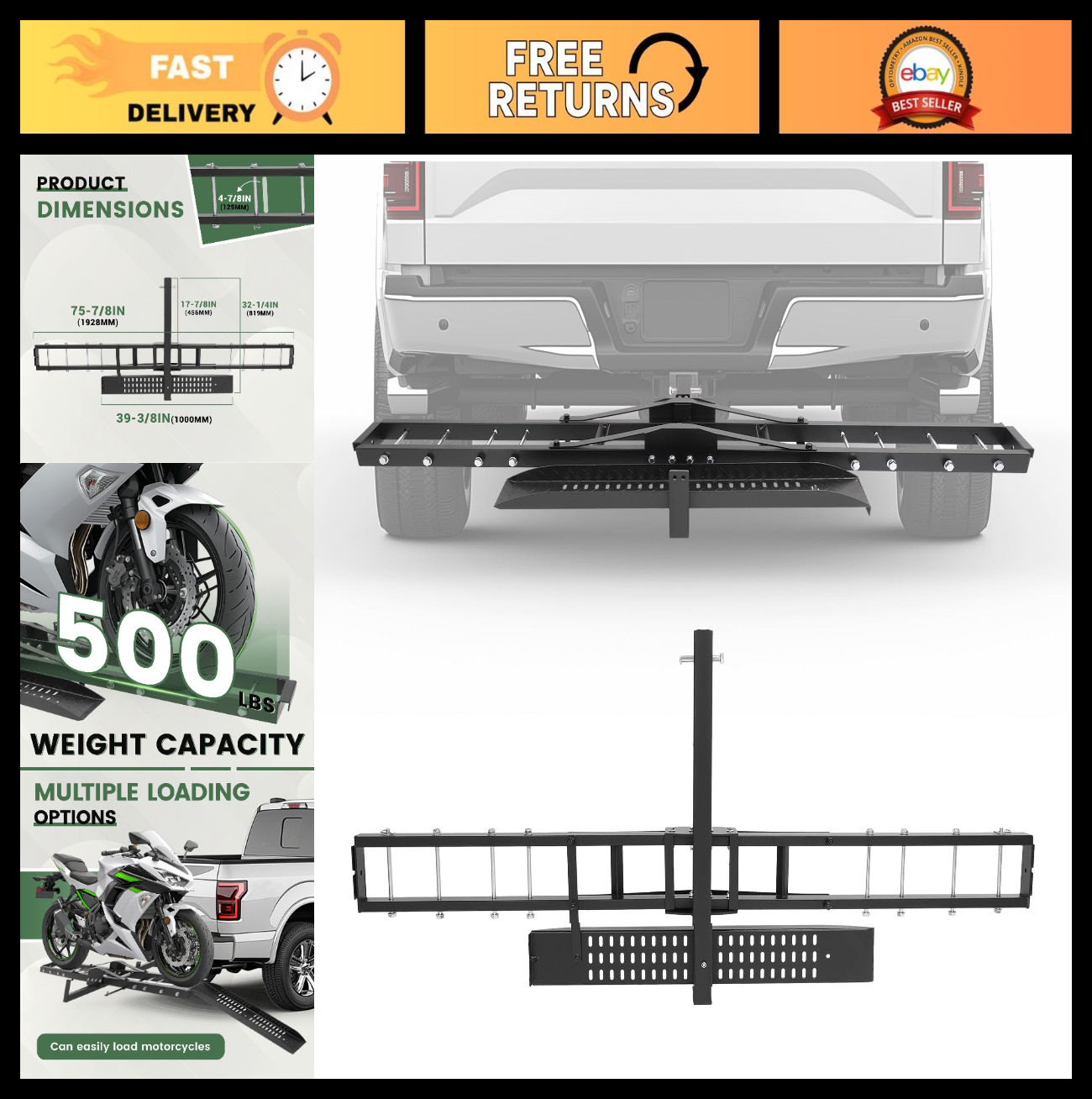 Heavy Duty Motorcycle Carrier Hitch Mount Rack for Dirt Bikes - 500LB Capacity,