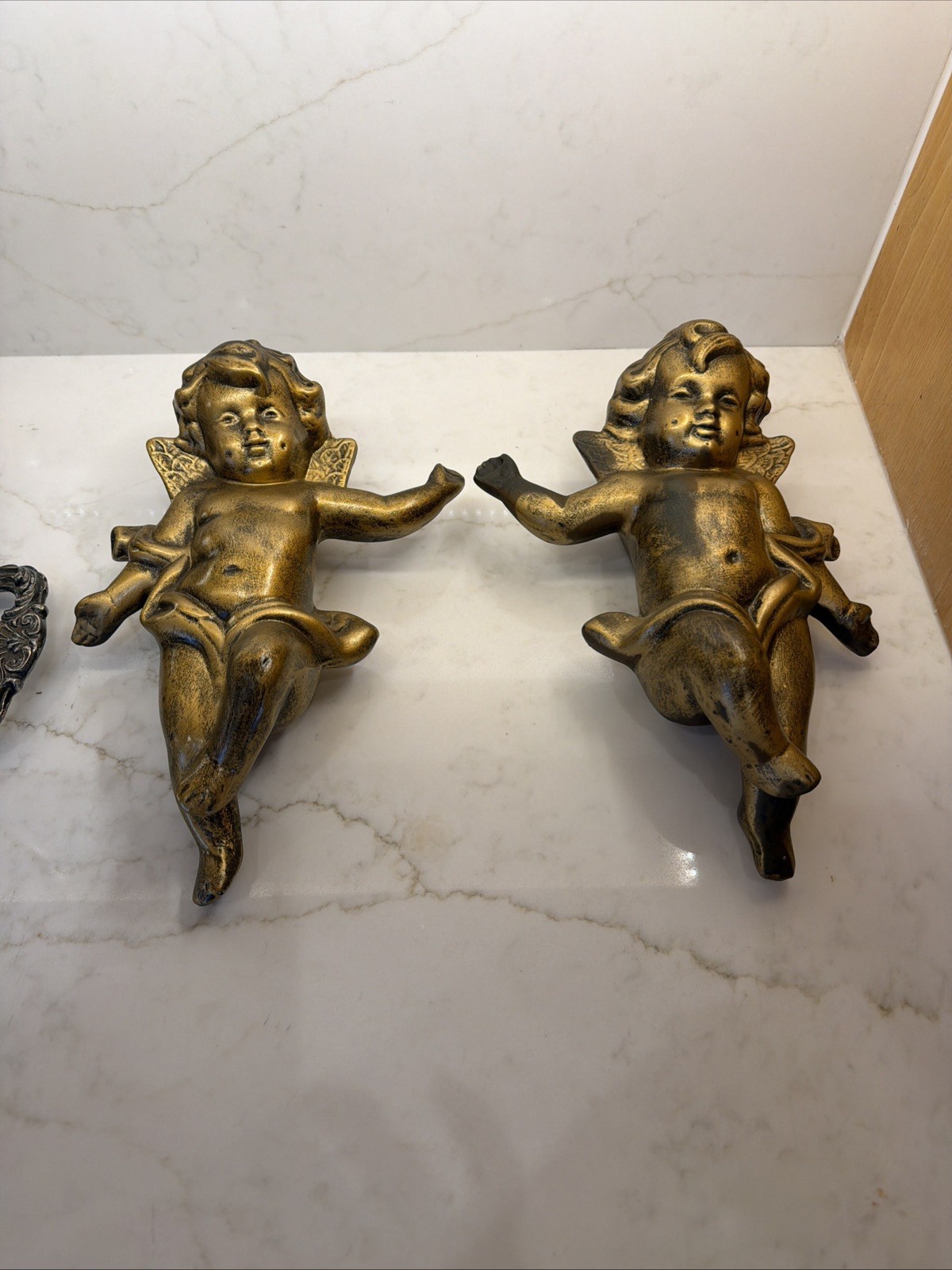 Vintage MCM Cherub Wall Pockets Gold Black Resin Made In California 203