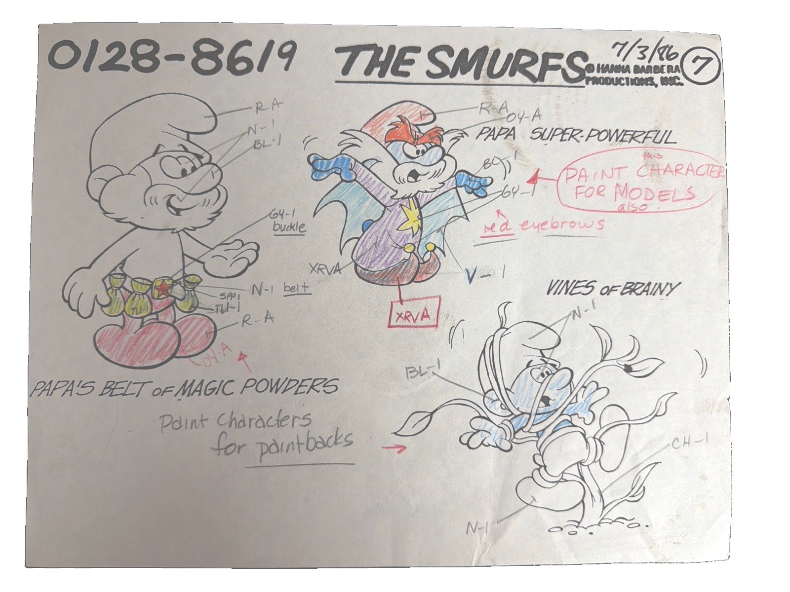 Vintage 1986 Hanna-Barbera Smurfs Model Sheet - Papa Smurf & Brainy Smurf