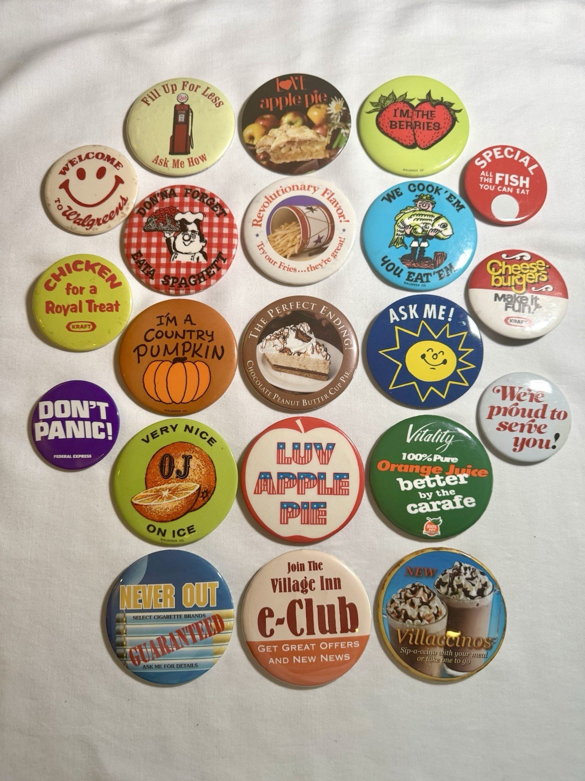 Vintage Lot 21 pc Advertising Button Pinback Walgreens Kraft Village Inn Food OJ Vintage Lot 21 pc Advertising Button Pinback Walgreens Kraft Village Inn Food OJ