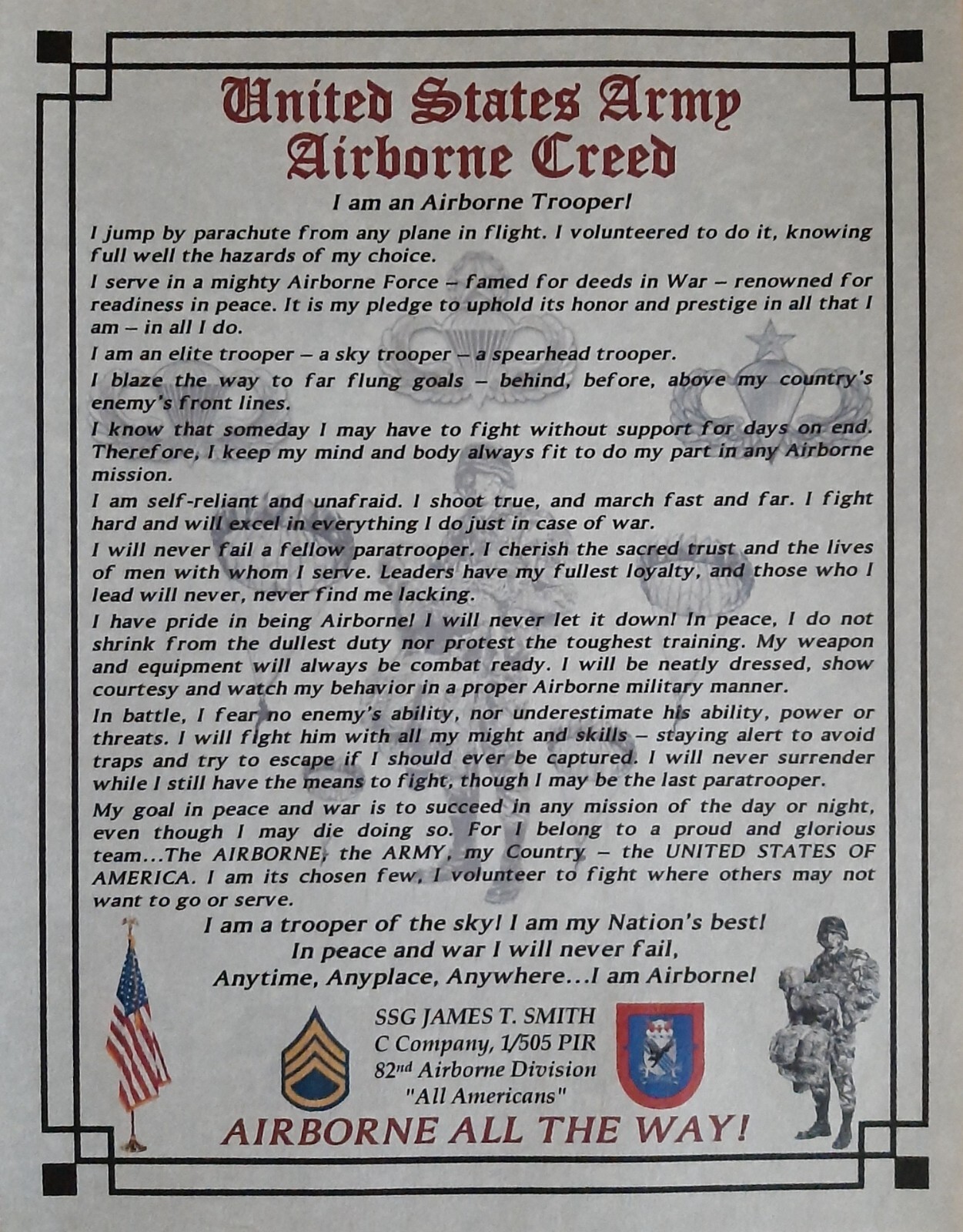 MC-NICE: ARMY Airborne Creed Paratrooper PERSONALIZED