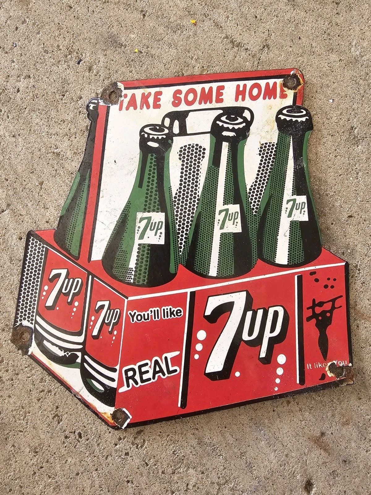 VINTAGE 1950\'S 7 UP POP SODA SIX PACK CRATE PORCELAIN SIGN  9\