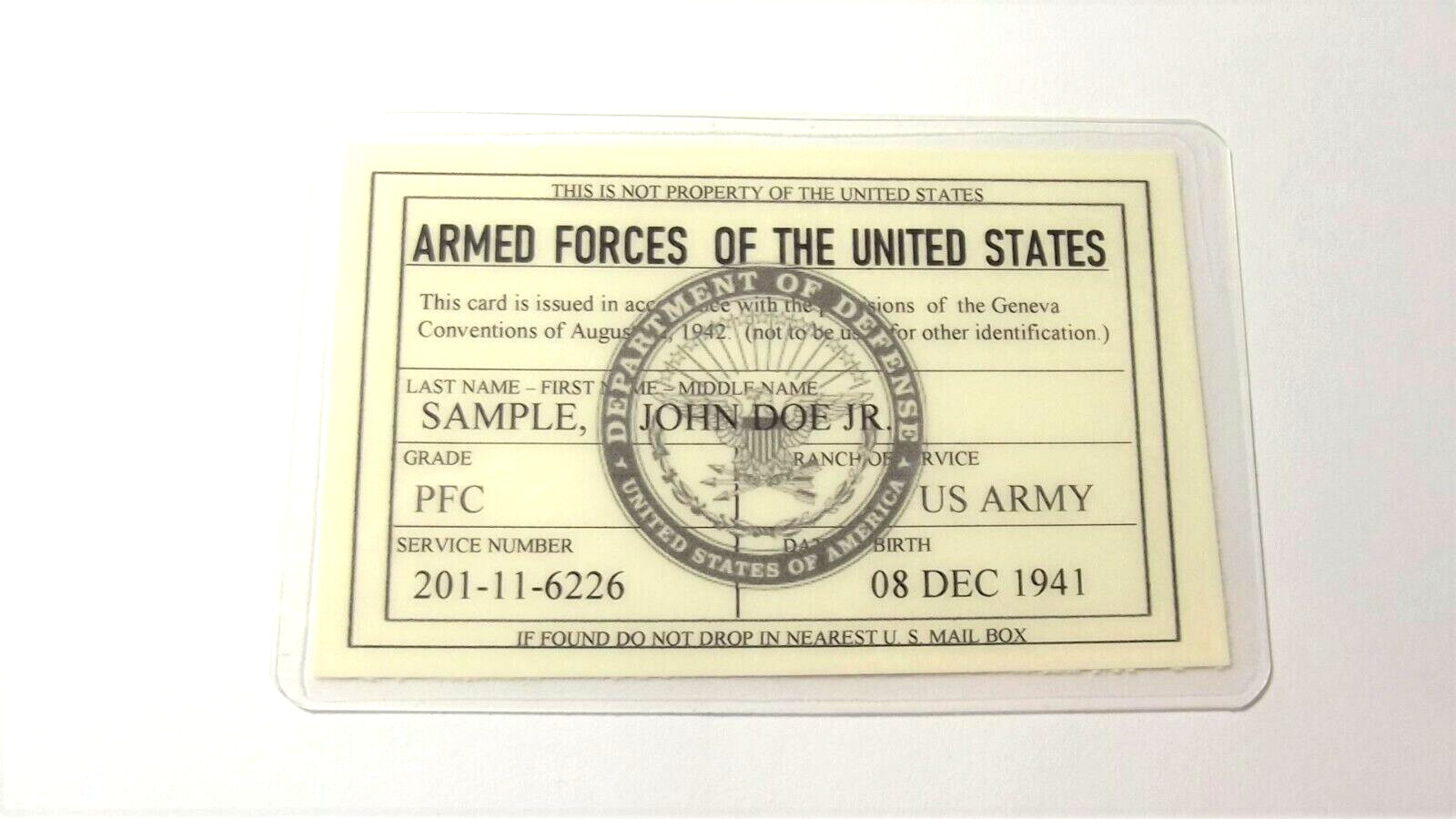 Geneva Convention ID card Replacement U.S. Army, Navy, Air Force, Marines & USCG