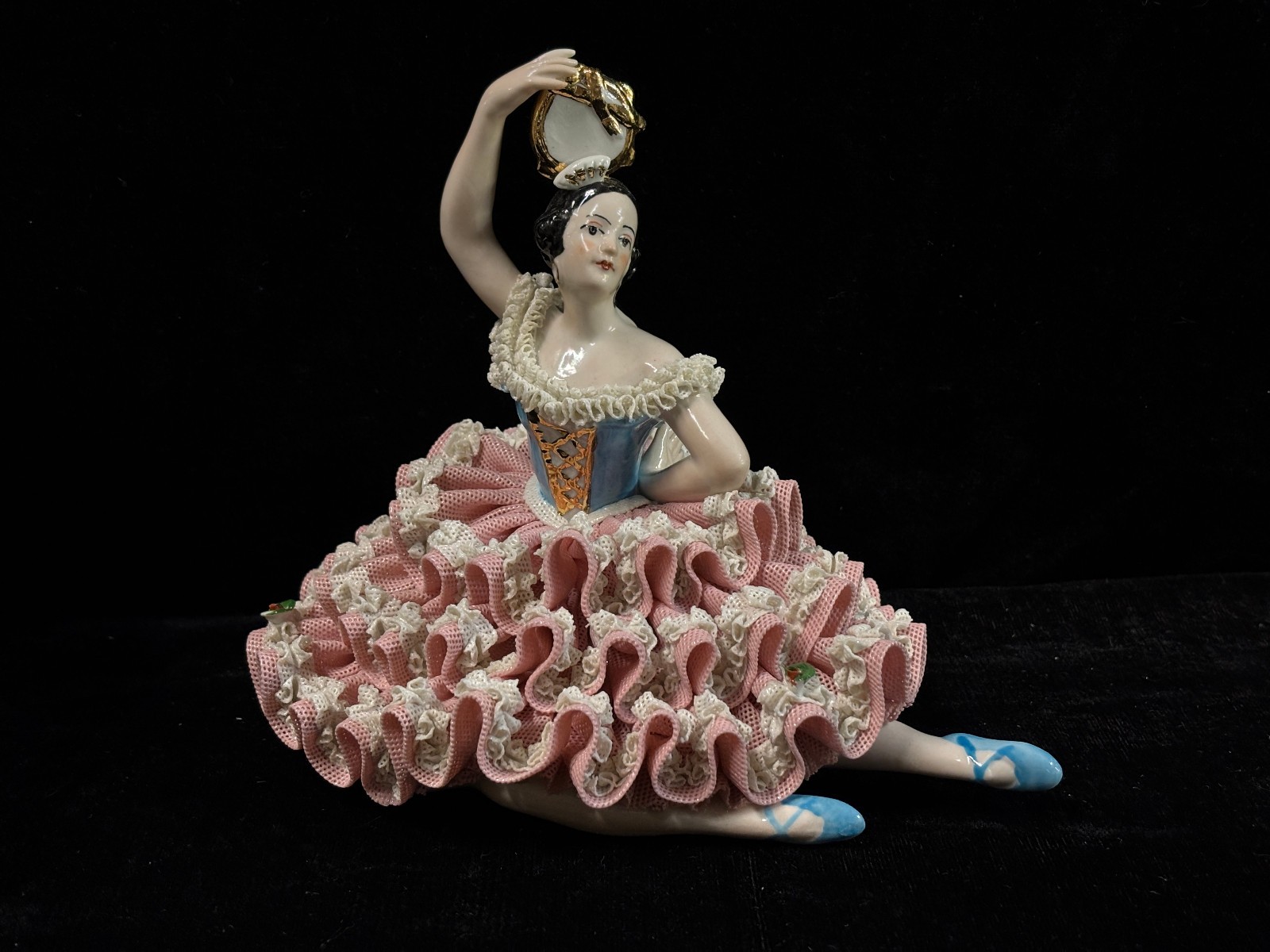 German Dresden Lace Porcelain Spanish Dancer Figurine w/ Tamborine, 7\