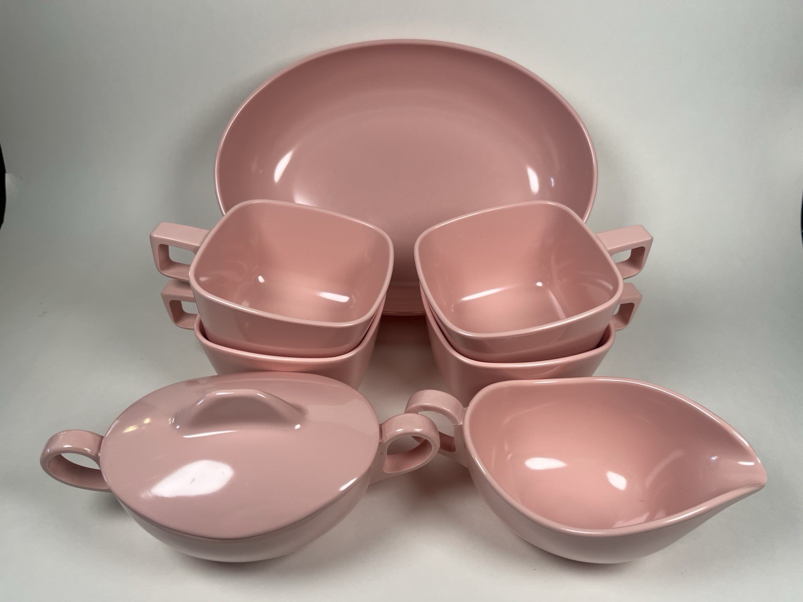 Vintage Pink Brookpark Melamine Melmac Set Sugar Creamer 4 Cups And Serving Bowl