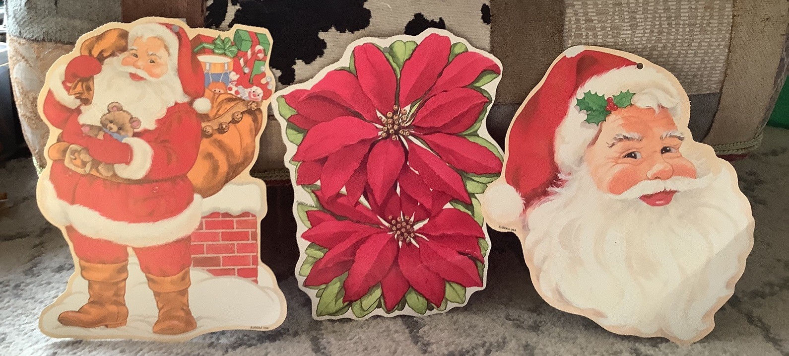 Lot of 3 Vintage Eureka Christmas Santa Poinsettia Cardboard Die-cut Wall Decor 