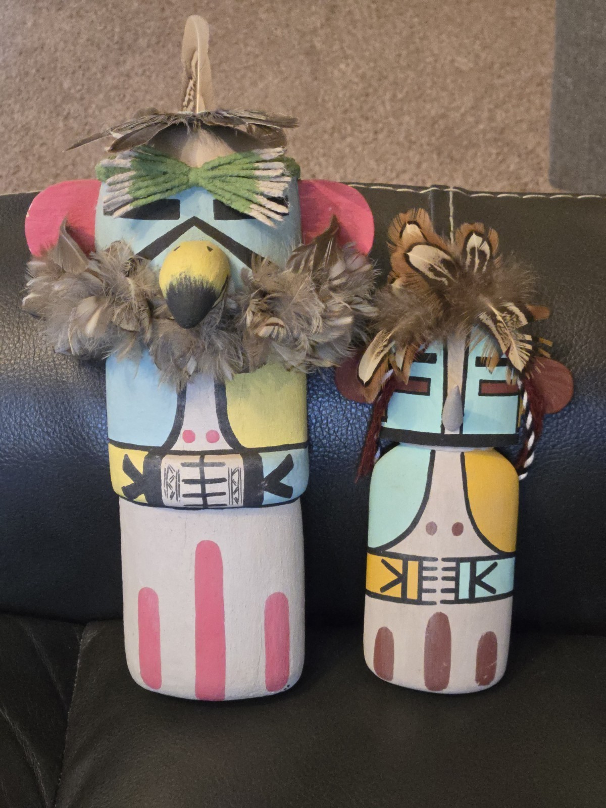 Signed Irvin Eagle Pokeahla Hopi Katsina Kachina Doll Pair Hand Painted Wood