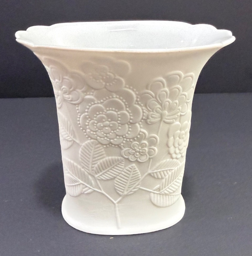 Vintage AK Kaiser West Germany White Bisque Floral Relief Oval Vase #637