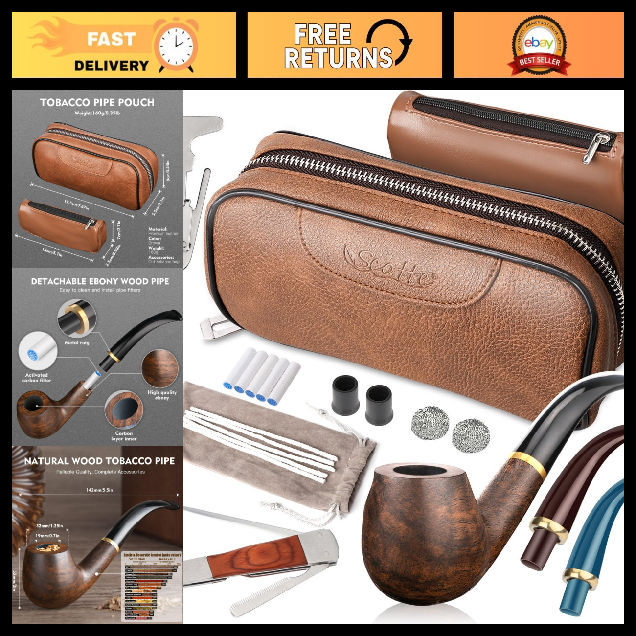 Handmade Pipe Set with Leather Pouch, Wood Pipe & Accessories - Scraper, Stand,