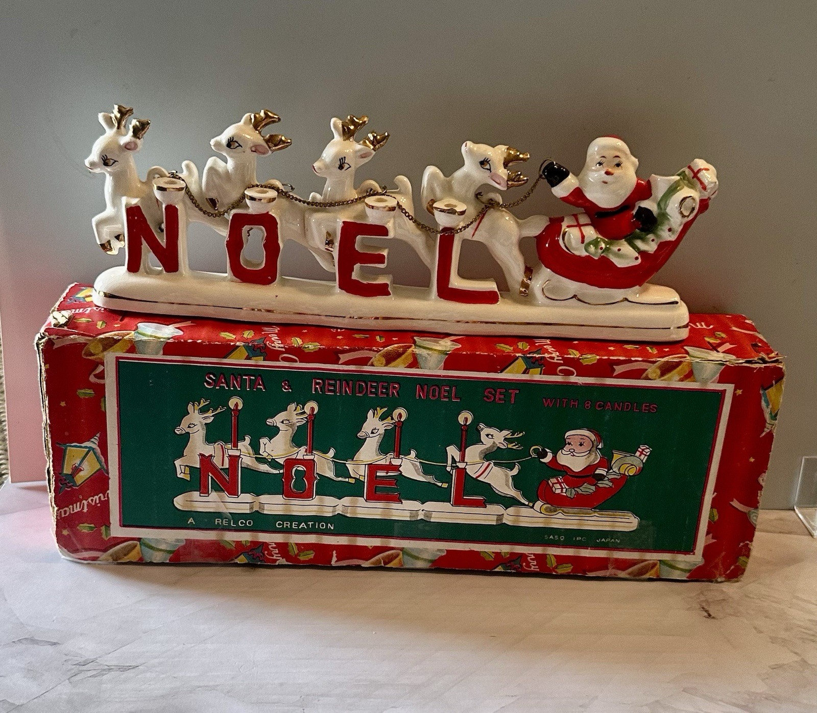 Vintage RELCO NOEL Santa Sleigh Reindeer Christmas Candle Holder w Box & Candles