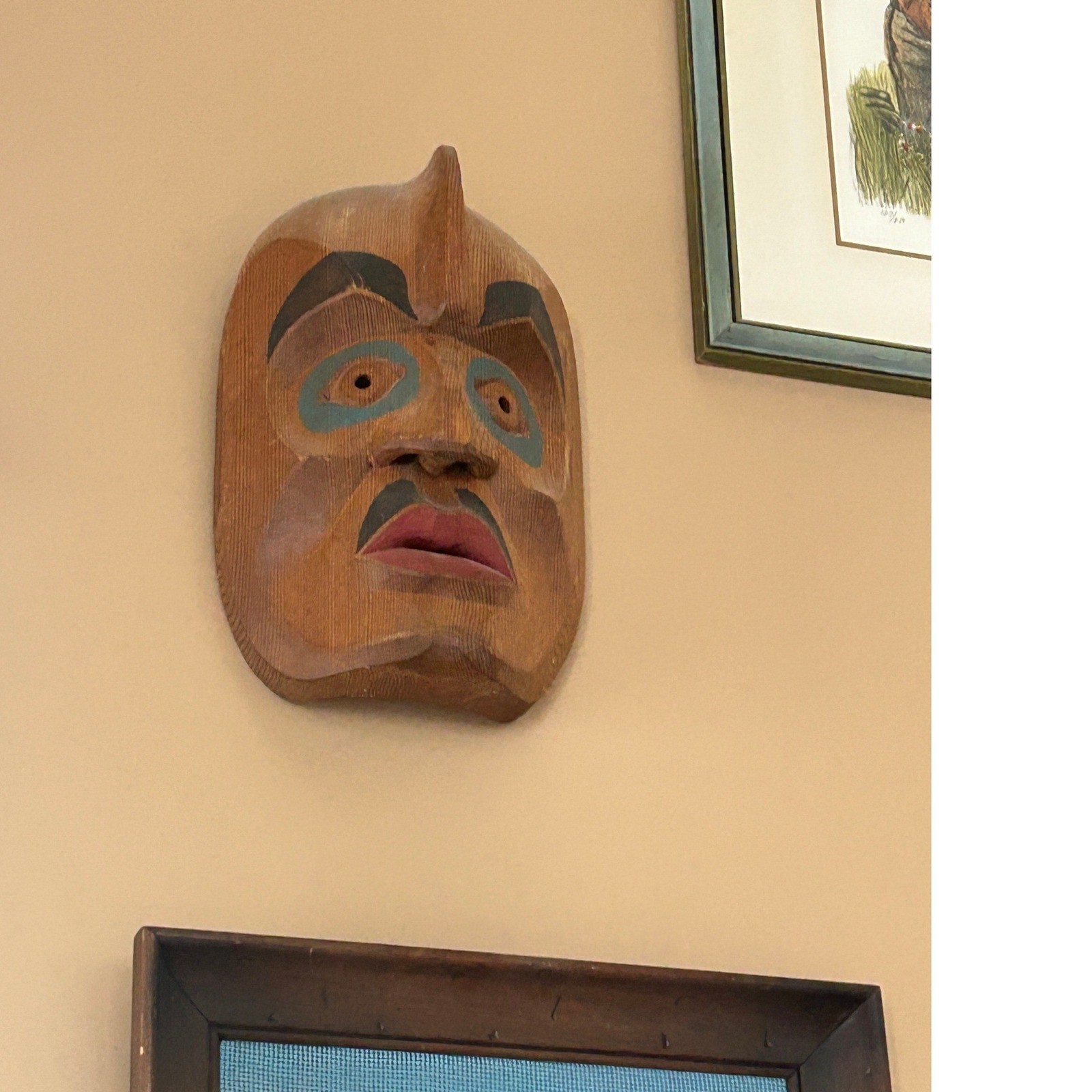 Vintage Hand Carved Cedar Wood Mask Pacific Northwest Coast Style Signed HANS